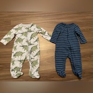 Carter's Green Dinosaur and Blue Striped Footies size 3/6M